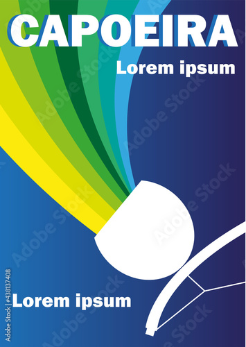 Colorful capoeira background template for flyer, poster, wallpaper for event, workship, course, training. Vector illustration of a berimbau silhouette with waves in Brazilian flag colors