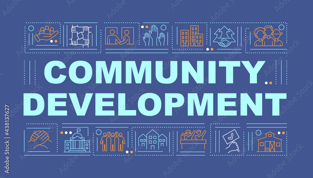 Community development word concepts banner. Social group improvement. Infographics with linear icons on navy background. Isolated creative typography. Vector outline color illustration with text