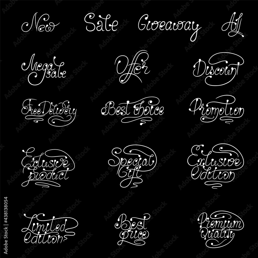 Set of vector calligraphic lettering on black background for discount, sale, promotion