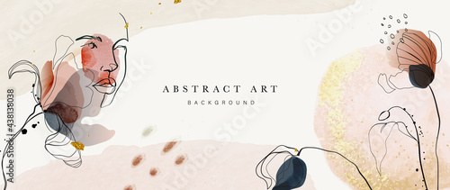 Abstract art botanical background vector . Luxury wallpaper design with women face, leaf, flower and tree  with earth tone watercolor and gold glitter. Minimal Design for text, packaging and prints.