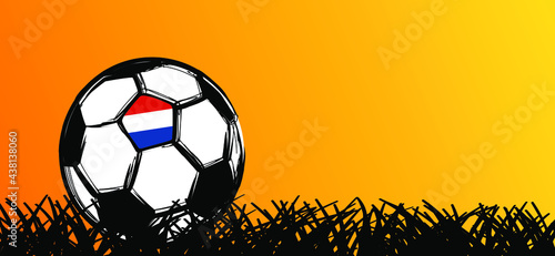Goal net. Ball in goal net. Football with the flag of the Netherlands on orange soccer grass field. Vector orange background banner. Sport finale or school, sports game cup. Street ball games. 2021