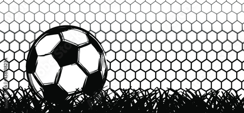 Goal net. Ball in goal. Soccer border on green football grass field. Vector stadium, supporters background banner Template, play model. Sport finale or school, sports game cup. Street ball games. 2021