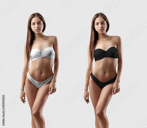 Mockup of a stylish white, black swimsuit, bikini on a sexy girl, isolated on background in the studio. Set