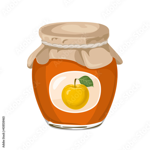 Apple jam in glass jar isolated on  white background. Fruit confiture icon. Vector illustration of homemade sweets in cartoon flat style.