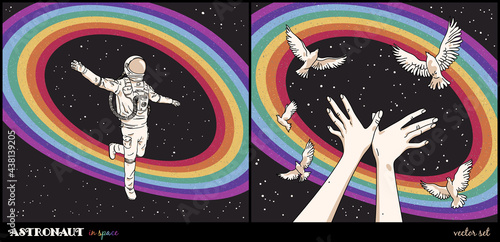 Flying astronaut in spacesuit. Bird shaped hands. Rainbow in space