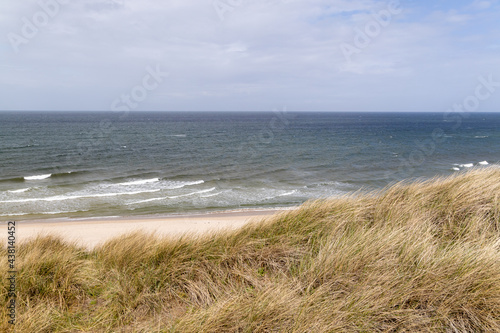 Beach and dunes with beach grass in summer on the North Sea Sylt, Germany. 