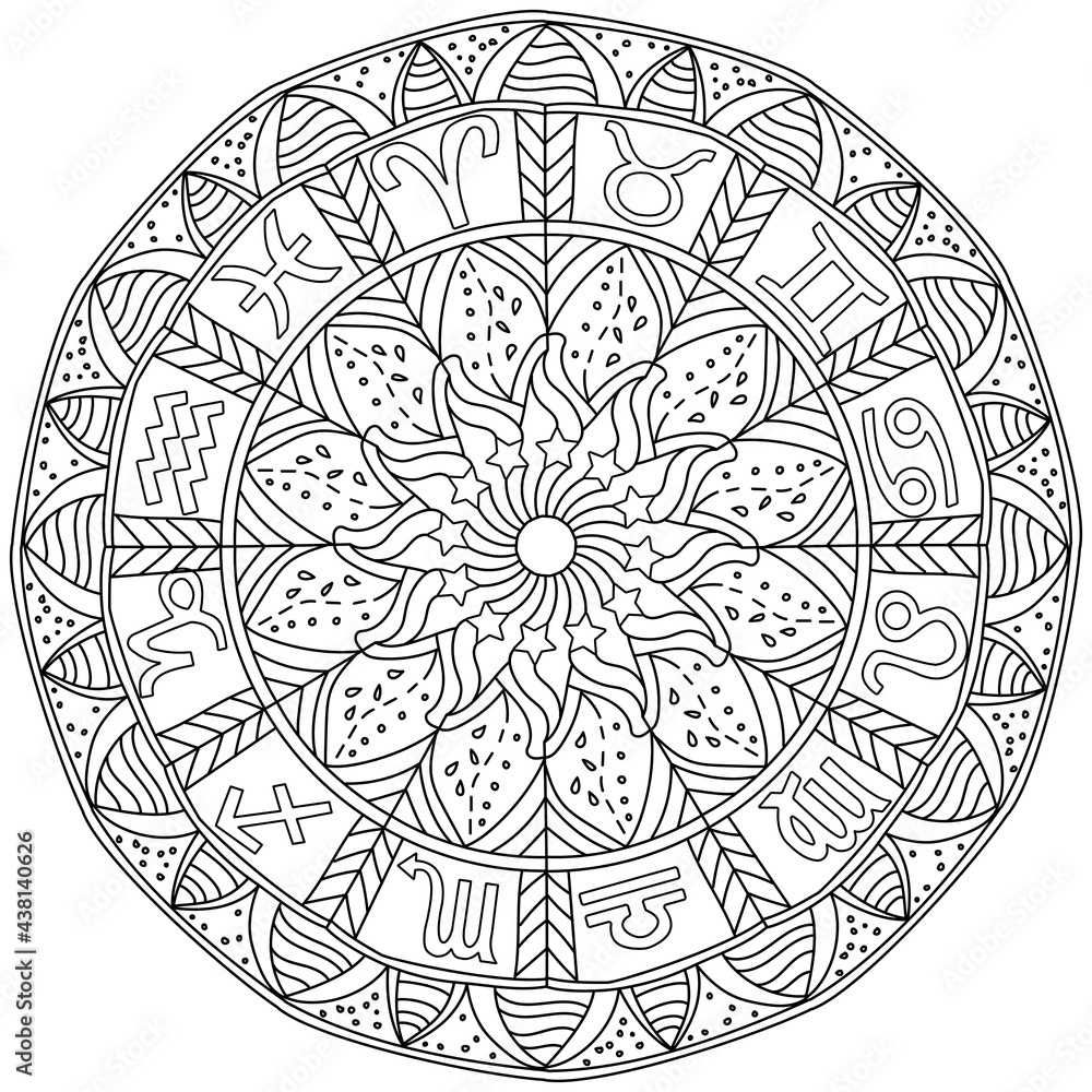 Mandala zodiac signs, Symbols of horoscope signs in a round coloring page with patterns and curls
