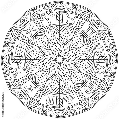 Mandala zodiac signs, Symbols of horoscope signs in a round coloring page with patterns and curls