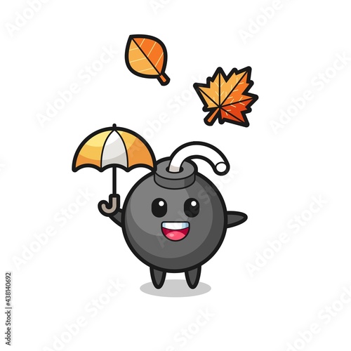 cartoon of the cute bomb holding an umbrella in autumn