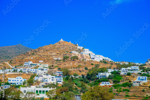 Greece Ios island in cyclades, panoramic view of Ios island main harbor in cylades photo