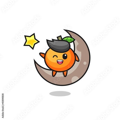 illustration of mandarin orange cartoon sitting on the half moon © heriyusuf