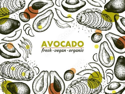 Sketch drawing poster of avocado, outline avocado toast, sliced, avocado seed with colorful round stain isolated on white background. Line art vegan organic food, fresh fruit. Vector illustration.