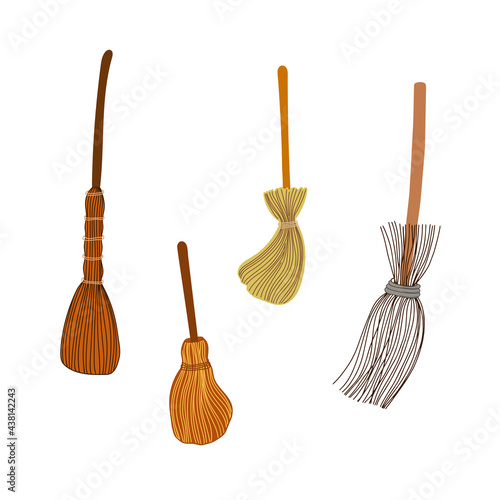 Old witch magic brooms hand drawn isolated vector illustration, Halloween party design element, a witch tool for Halloween or a cleaning household appliance, holiday symbol