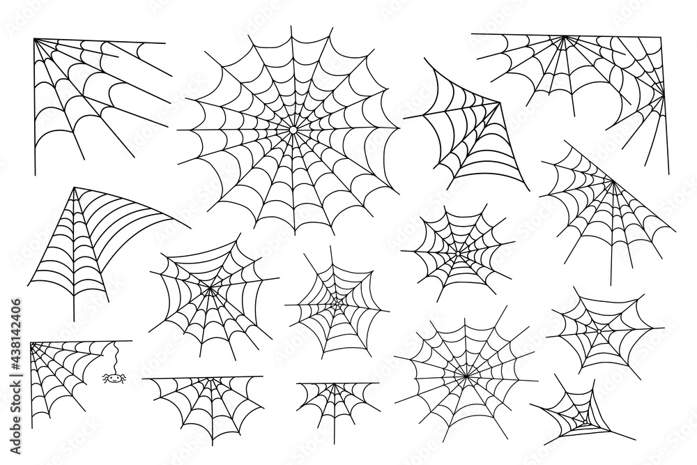 Set of spider web and little hanging spider simple hand drawn vector outline illustration of doodle fancy Halloween scary decor elements, clipart perfect for Halloween party, cartoon spooky character - obrazy, fototapety, plakaty 