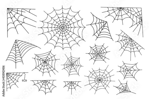 Leinwand Poster Set of spider web and little hanging spider simple hand drawn vector outline ill