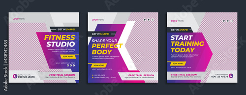 Fitness gym social media post and web banner template design. Sport, exercise, workout, health and yoga center business promotion flyer. Marketing poster graphic background with logo and icon.