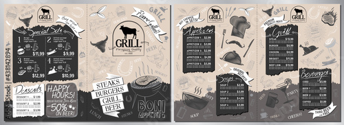 Steakhouse, grill menu card -A3 to A4 size (appetizers, grill, soups, drinks, sets)