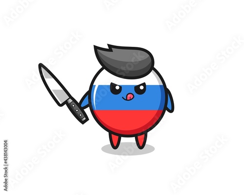 cute russia flag badge mascot as a psychopath holding a knife