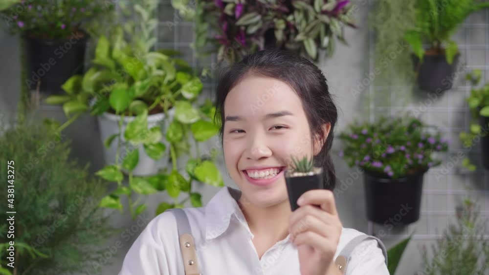 Front view of happy Asian young woman selling plants online, holding plant product and using laptop to explain about the details to her customer by doing live on social media. Looking at camera Front view of happy Asian young woman selling plants online, holding plant product and using laptop to explain about the details to her customer by doing live on social media. Looking at camera