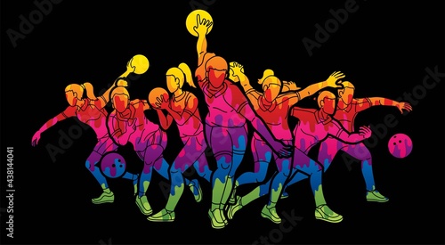 Group of Bowler Bowling Female Players Action Cartoon Graphic Vector