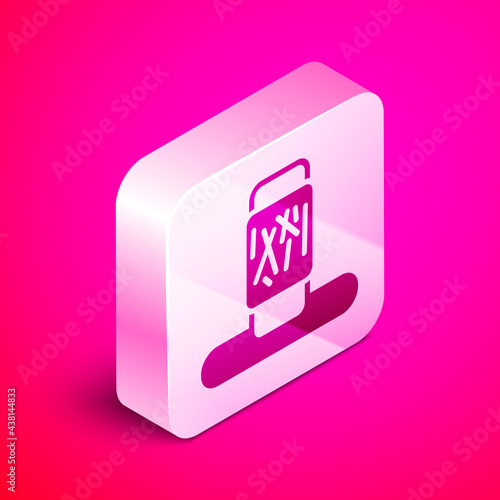 Isometric Cat scratching post with toy icon isolated on pink background. Silver square button. Vector
