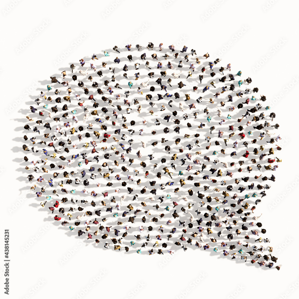 Concept conceptual large community of people forming the cloud sign. 3d illustration metaphor for communication, online talking, chatting, internet discussion