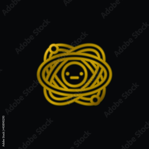 Atom gold plated metalic icon or logo vector