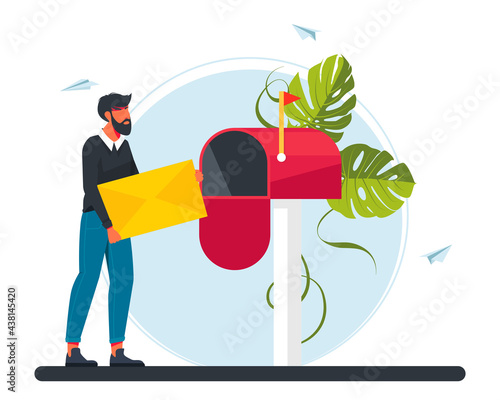 man carries a letter in the mailbox. Email concept illustration, Subscribe to newsletters, Email marketing businesses. Girl carries a letter to the post office. Idea of posta communication.