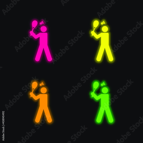 Badminton Player four color glowing neon vector icon