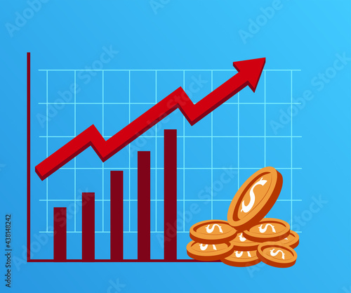 Graph showing the increase of dollar coin currency value. Income, salary, bonus and commision increase.  The price of dollar coin has increase. Dollar currency incline graph chart. Vector illustration