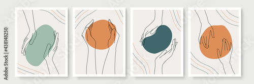 Mystic boho hand gesture Monoline doodle set. Magic simple line logo icons with hands, crystals, moon, sun, stars. Bohemian posters, modern vector illustration
