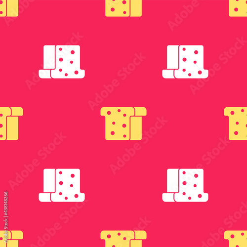 Yellow Bread toast for sandwich piece of roasted crouton icon isolated seamless pattern on red background. Lunch, dinner, breakfast snack. Vector