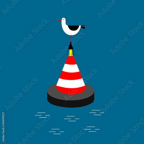 seagull on buoy in sea. Sea bird at lighthouse