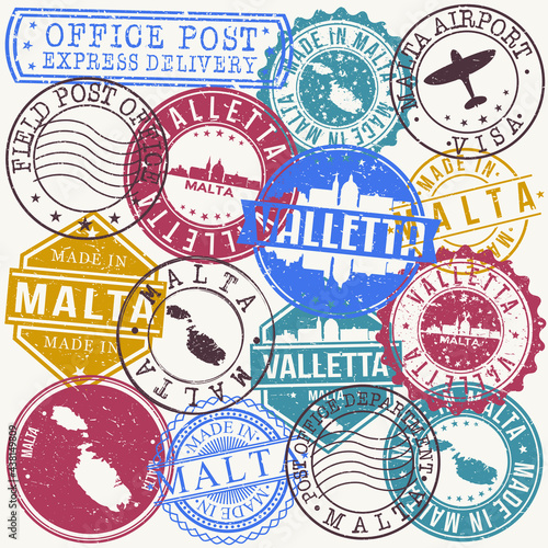 Valletta Malta Set of Stamps. Travel Stamp. Made In Product. Design Seals Old Style Insignia.