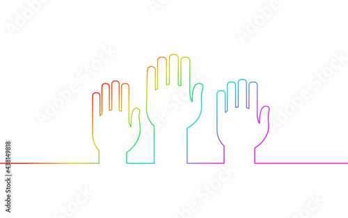 Voting hands raising to sky. One continuous line art vote online. Election day volunteer diversity different rainbow. Hand drawing sketch people vector illustration