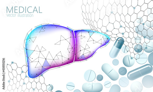 3D medicine liver medical treatment. Hepatitis warning human health diagnostics cirrhosis organ system. Medical therapy digestive infection virus protect drug concept. Low poly vector illustration