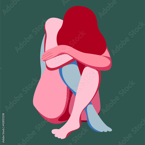 vector illustration on the topic of mental health. a crying girl needs psychological support. perhaps she is a victim of domestic violence or abuse, physical harassment, depression, mental disorders.