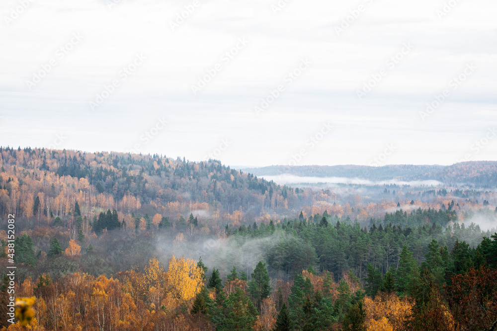 Valley nature view. Autumn day and change of seasons. Fog and haze