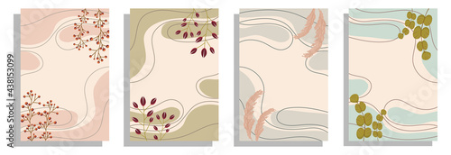 Boho covers set. Minimal poster. Modern Scandinavian design. A modern creative template. Abstract shapes and lines, decorate flowers, branches. Templates for social media, posters, postcards.