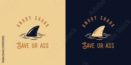 Surfing print of shark fin on waves. Summer hawaii tropical vector for t-shirt design. Exotic tropic illustration for aloha surf beach