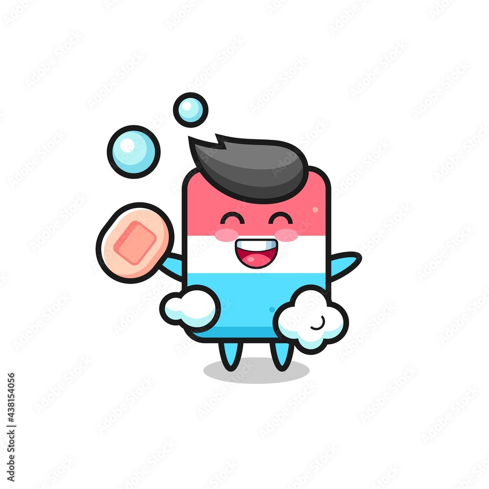 eraser character is bathing while holding soap