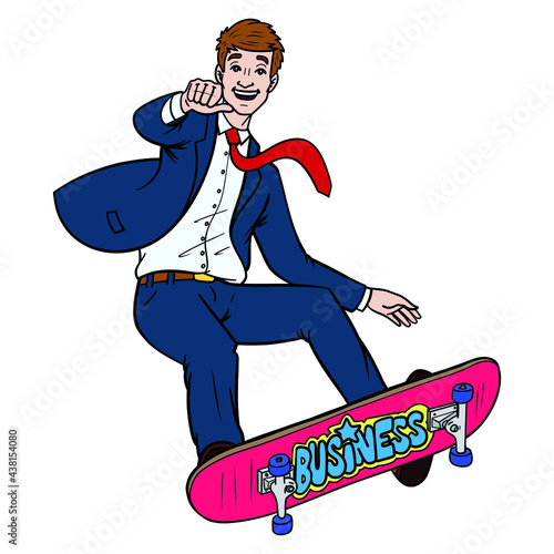 Businessman jumping with a skateboard on which business stands.