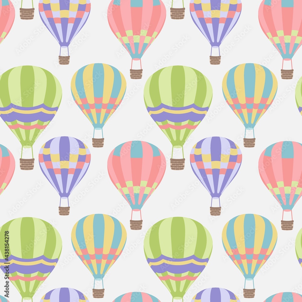 Seamless pattern with bright hot air balloons in modern style. Modern background design. Summer holiday background. Vector pattern. Abstract bright wallpaper.