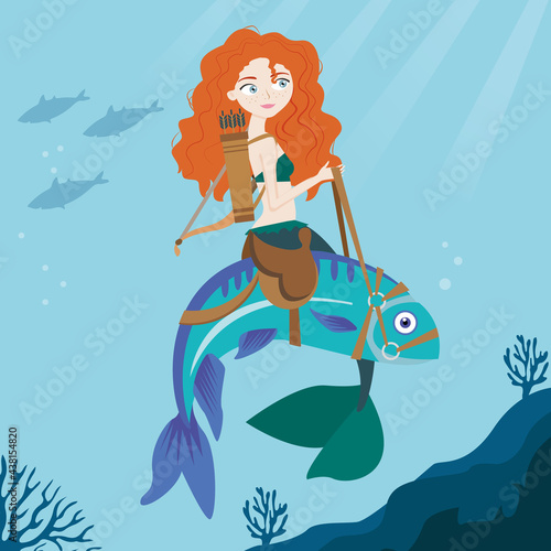 Redhead mermaid on fish underwater vector art