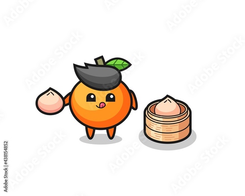 cute mandarin orange character eating steamed buns
