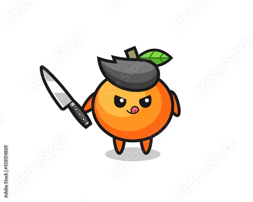 cute mandarin orange mascot as a psychopath holding a knife
