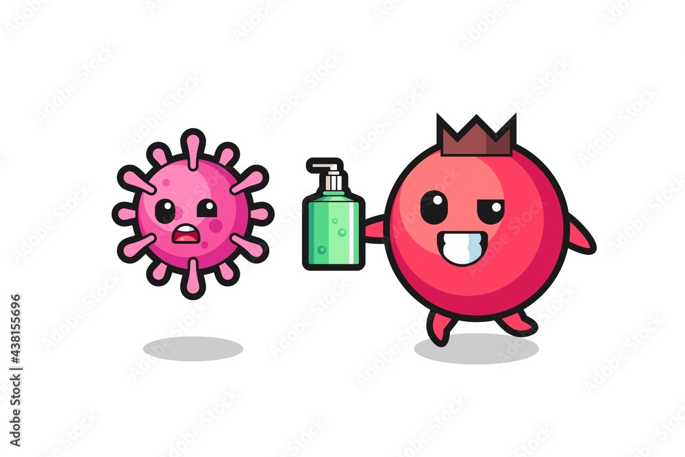 Fototapeta premium illustration of cranberry character chasing evil virus with hand sanitizer