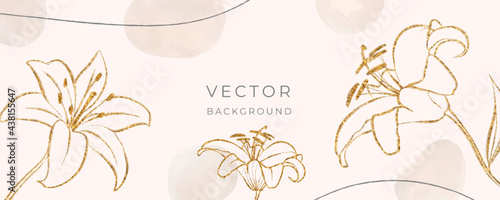Golden Lily flower line art wallpaper. Abstract watercolor art background vector. Luxury cover design with text, golden texture and brush style. floral art for wall decoration and prints
