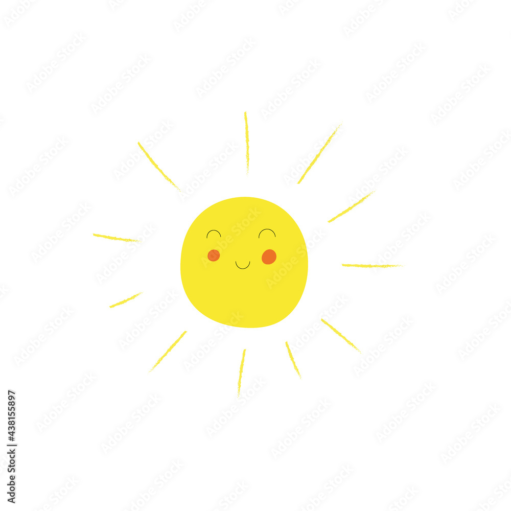 Smiling yellow sun with pink cheeks. In a cartoon style. Great for print for apparel, decoration, typography posters, cards, flyers, banners, baby wears. Kids vector illustration 