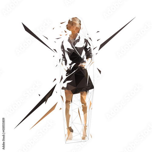 Woman stading in coat, female fashion model, low polygonal isolated vector illustration. Business woman, front view